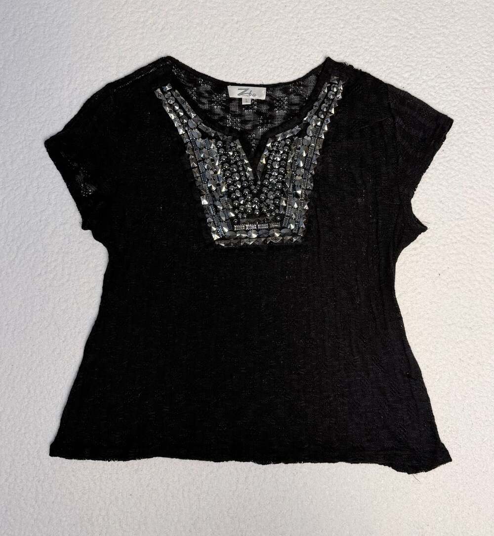 Zba Black Sheer Lace Embellished Studded Short Sleeve Top Size L